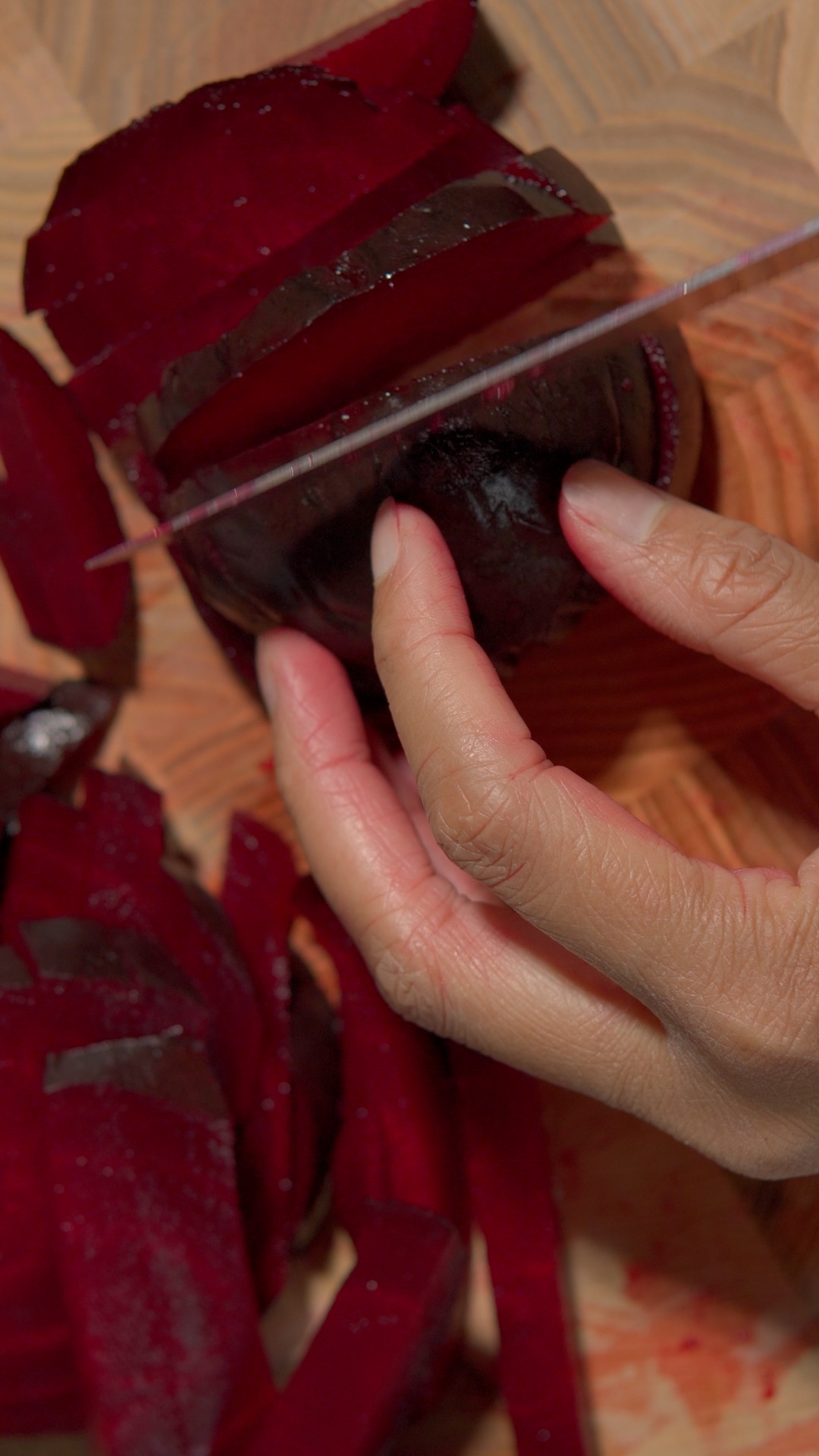Cutting beetroot into thin strips for Sinhalese beetroot curry